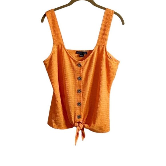 Sanctuary Link Up Tie Tee Orange Button Front Chrinkled Textured Tie Front Sz Lg - Picture 2 of 8